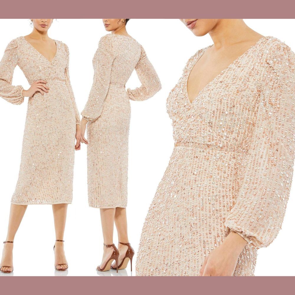 NEW $298 Mac Duggal [ 12 ] Sequined Illusion Puff Sleeve V Neck Midi Dress G1965